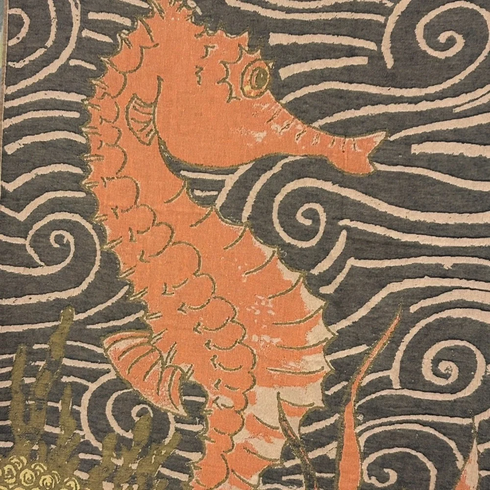 Seahorse Towel + Tapestry in Coral Orange Deep Blue + Lime Green Size 38” x 68”
